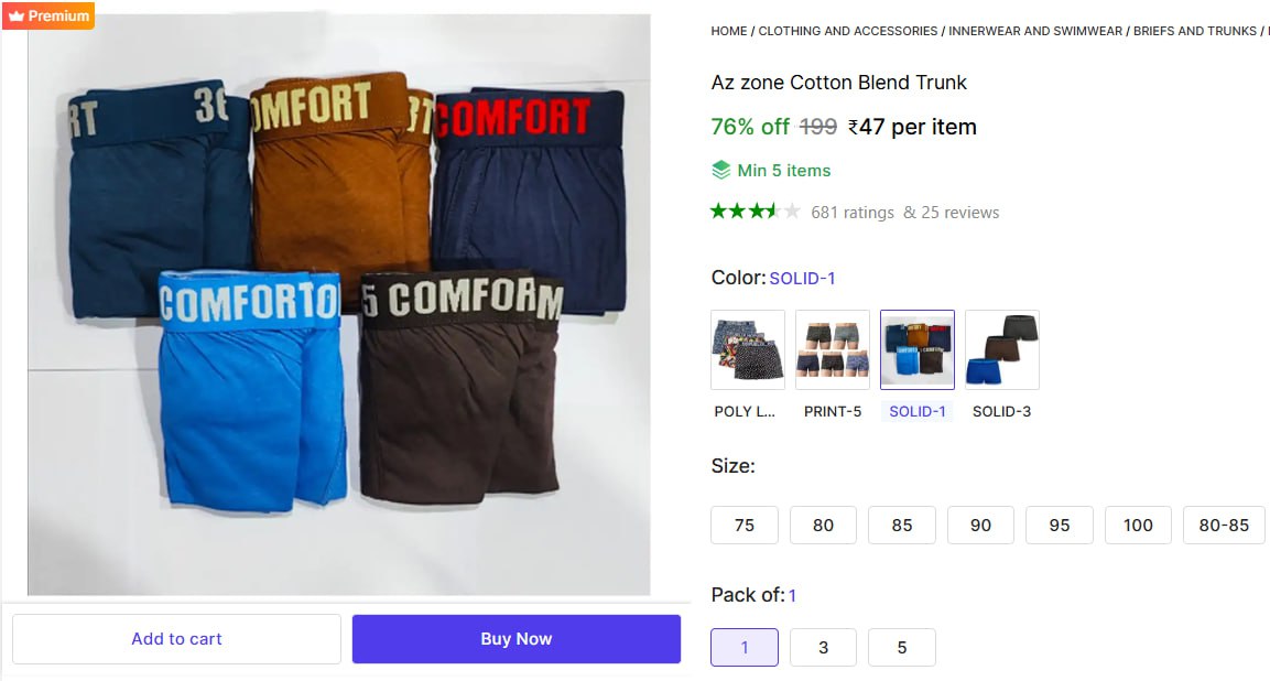 Mens Cotton Blend Trunk 47min Buy 5 Qty