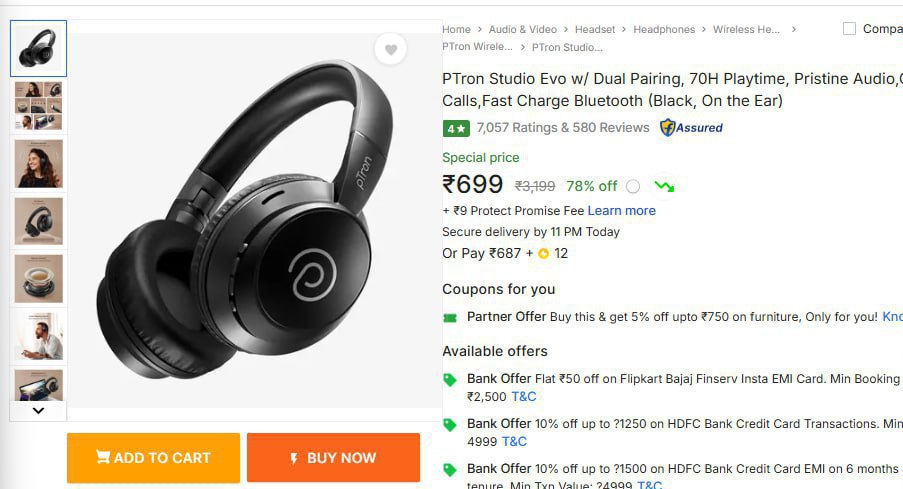 Ptron Studio Evo With 70hrs Playback Headphone 699