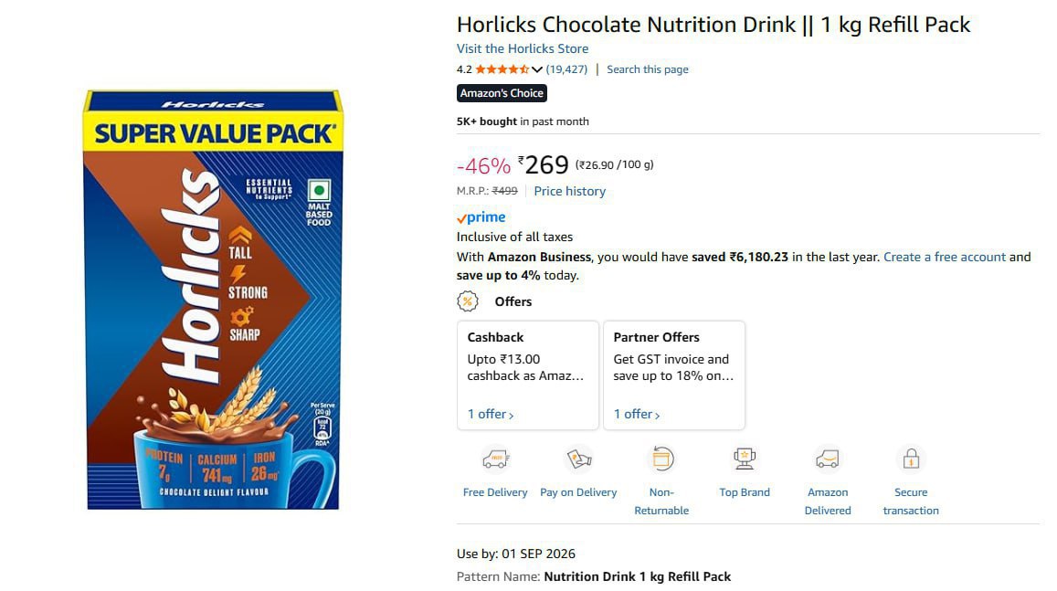 Horlicks Chocolate Nutrition Drink 1 Kg 269 Buy Max Qty