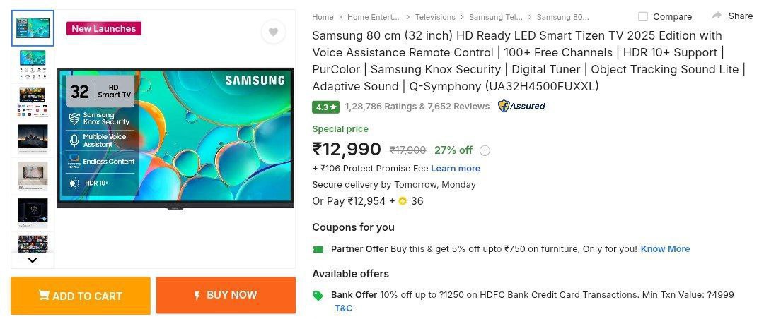 Flipkart Samsung (32 Inch) Hd Ready Led Smart Tv 11 6911 249 On Hdfc Bank C