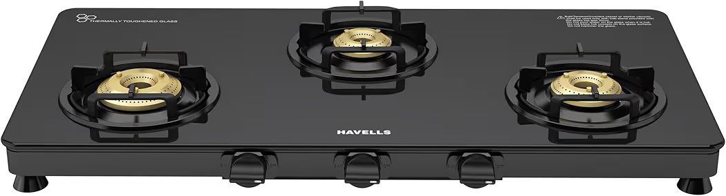 Havells Contour Toughened Glass-top 3 Brass Burner Lpg Gas Stove Removable 