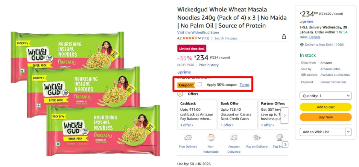 Wickedgud Whole Wheat Masala Noodles 720g 117 Apply 50 Coupon