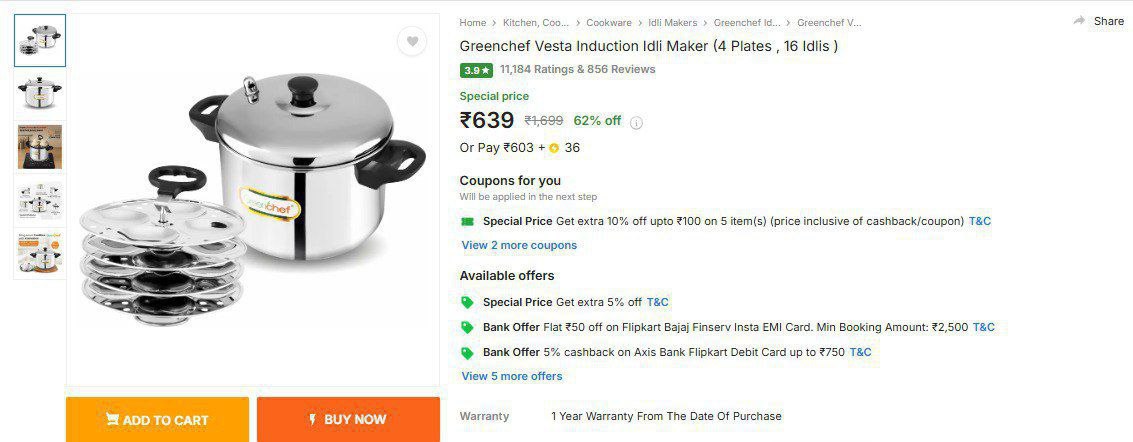 Amazon Greenchef Idli Maker 4 Plates 639