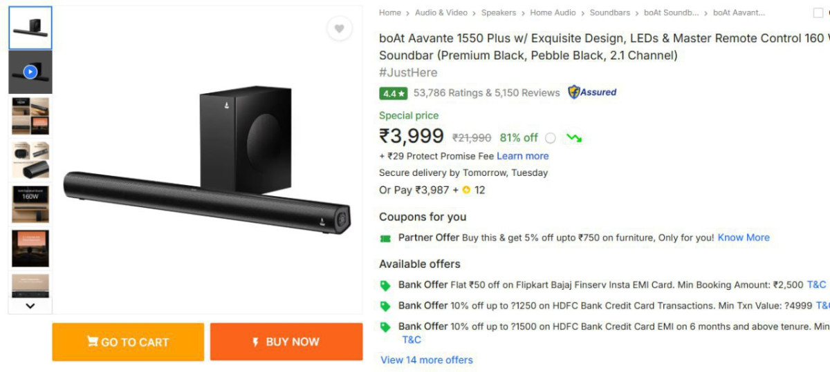 Boat Aavante 1550 Plus 160 W Bluetooth Soundbar 3999