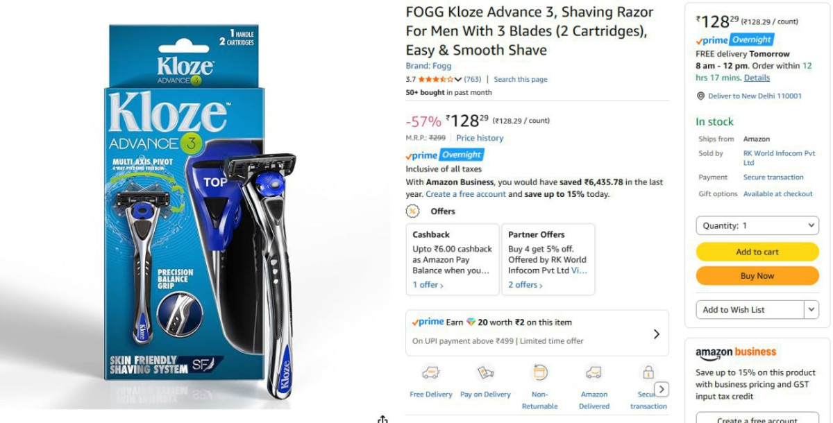 Fogg Shaving Razor For Men With 3 Blades 128