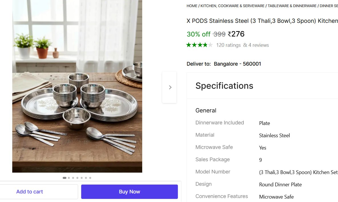 Stainless Steel Dinner Set (9 Pcs) 2763 Thali 3 Bowl 3 Spoon