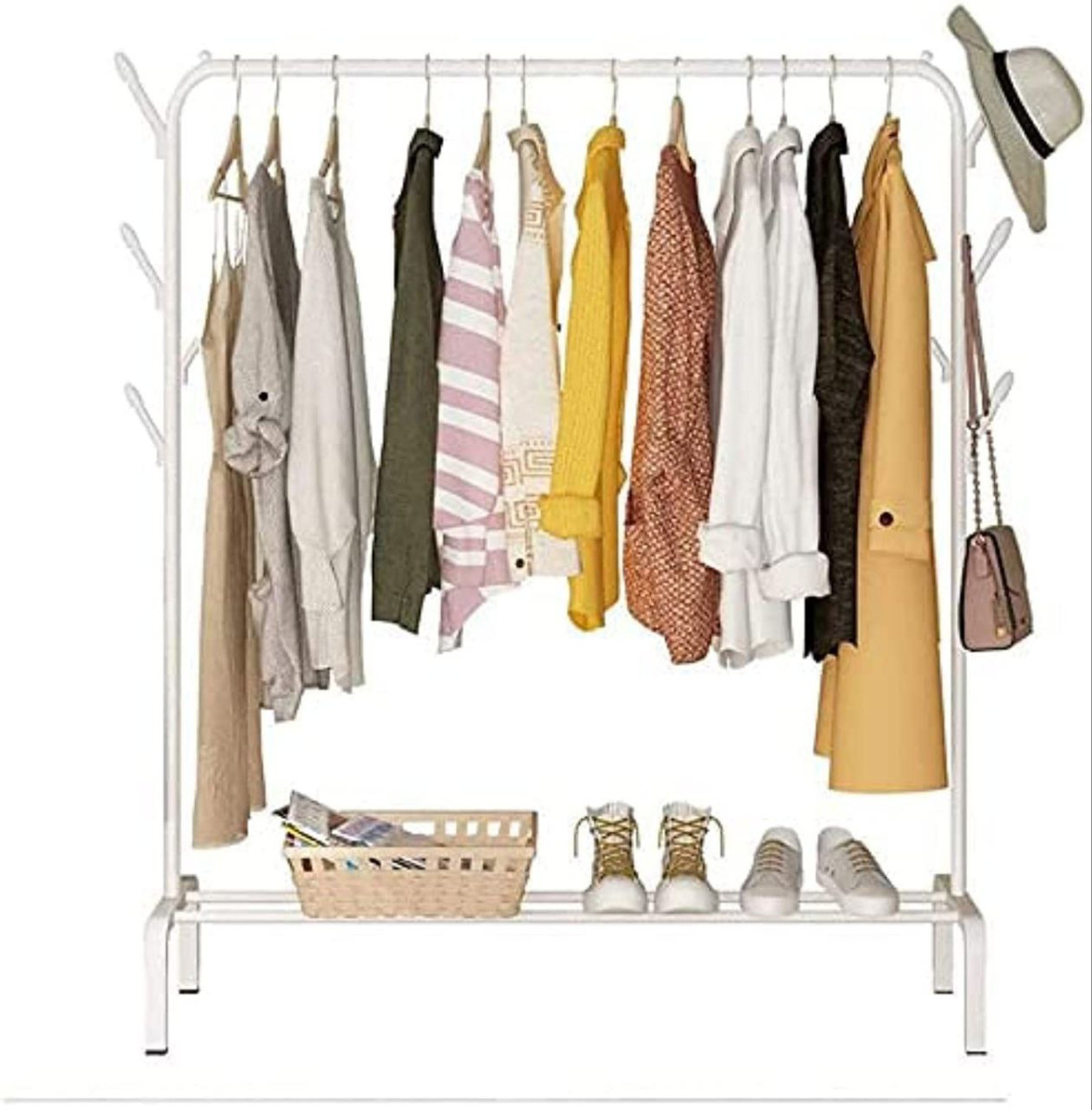 Lukzer Heavy-duty Metal Garment Rack With Bottom Storage Shelf 4 Side Hooks