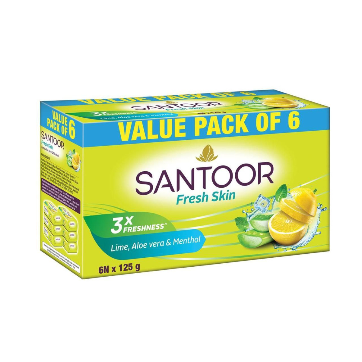 Santoor Fresh Skin Aloe Vera Lime Bathing Soap 125g Pack Of 6