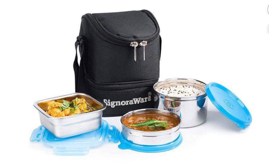 Signoraware Trio Stainless Steel Lunch Box Set Of 3 500 Ml 400 Ml 200 Ml Bl
