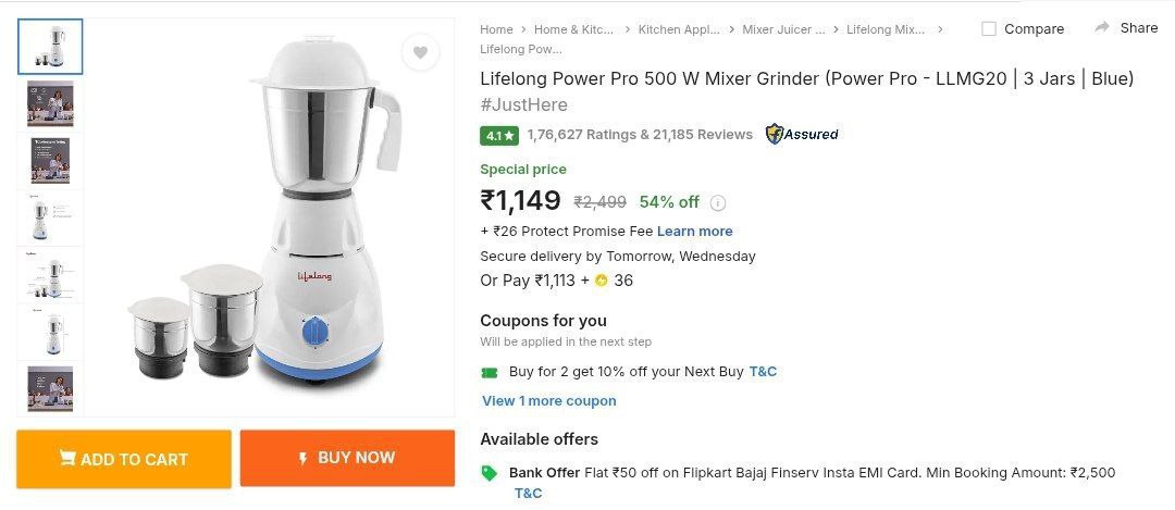 Lifelong Power Pro 500 W Mixer Grinder 1149