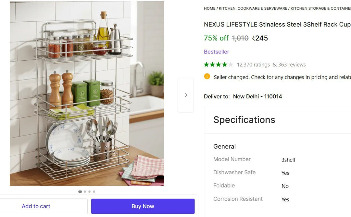 Shopsy Stainless Steel 3-shelf Kitchen Rack 245