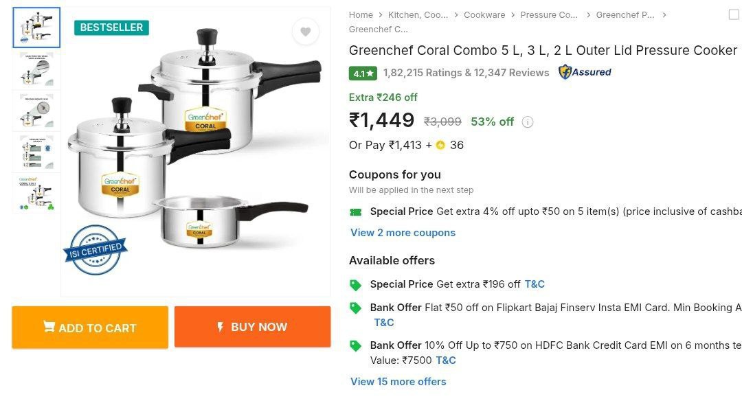 Greenchef Coral Combo 5 L 3 L 2 L Outer Lid Pressure Cooker 1449