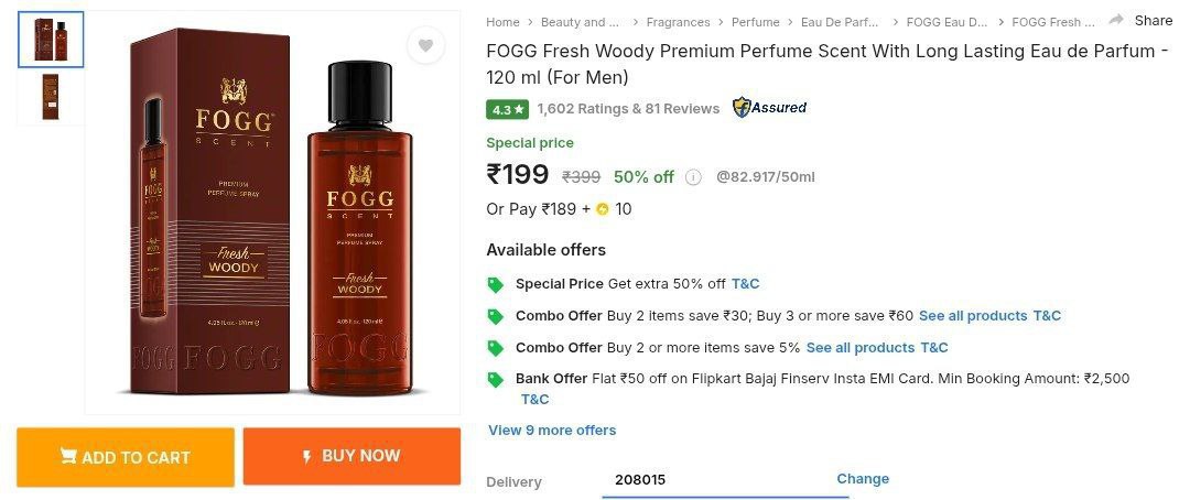Fogg Fresh Woody Premium Perfume Scent 120ml 199