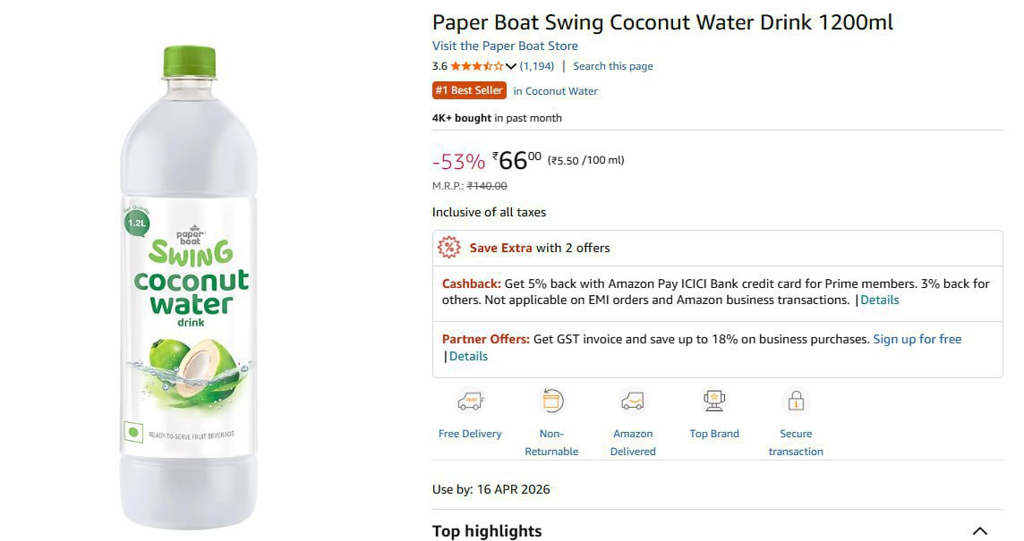Paper Boat Swing Coconut Water Drink 1200ml 55