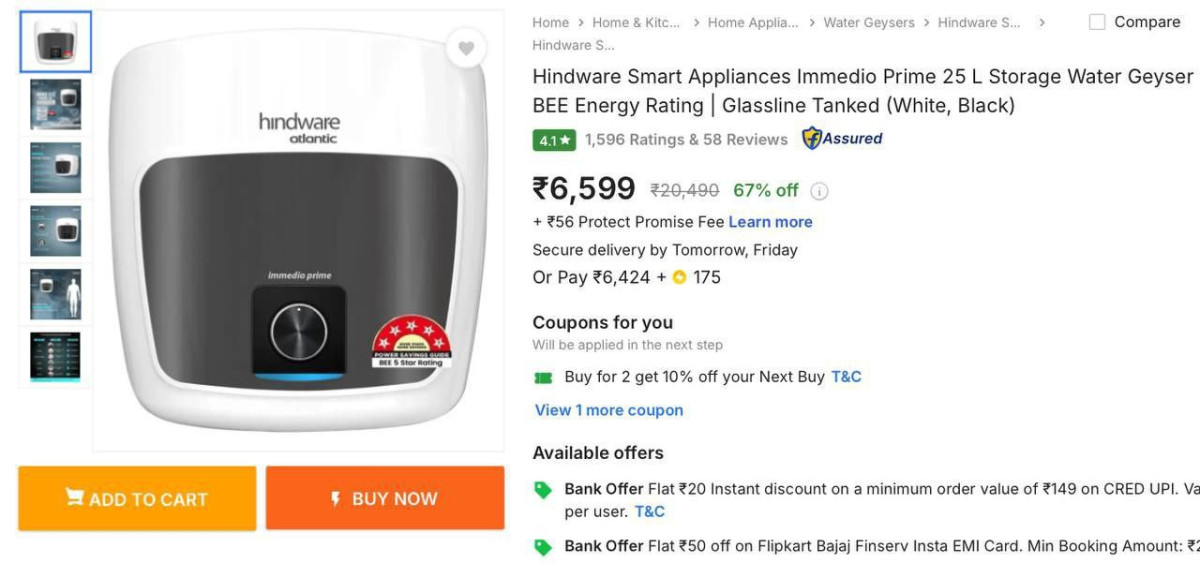 Hindware Smart Appliances 25l Storage Water Geyser 6599