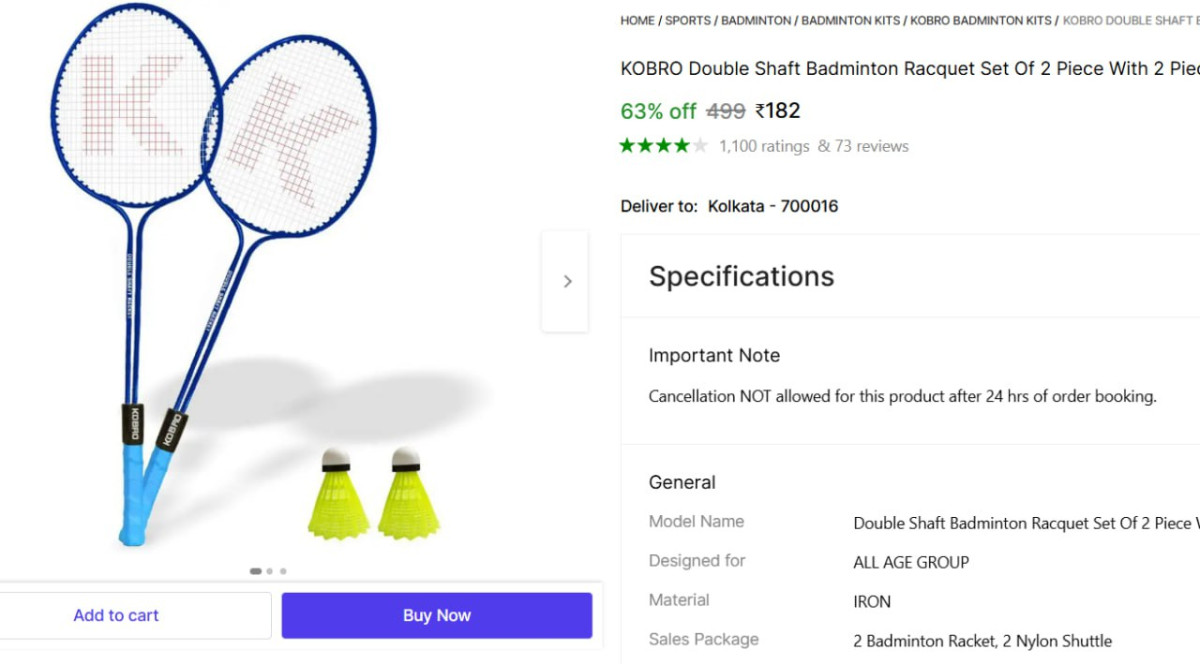 Badminton Kit (2 Racket 2 Cocks) Starts 182