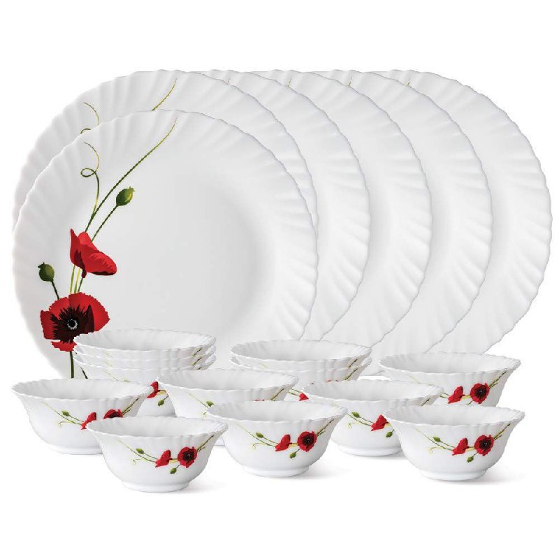 Grab 931larah By Borosil Glass Red Carnationthali Set (white) - 18 Pieces