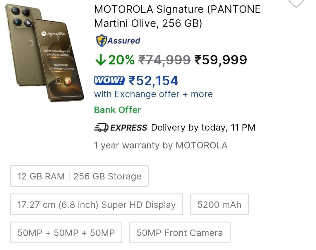 Flipkart Motorola Signature (12gb Ram 256gb Storage) 54 999 (effective ) Fl