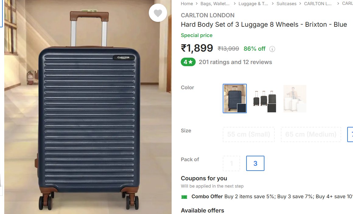 Loot Carlton London Hard Body Set Of 3 Luggage At 1899