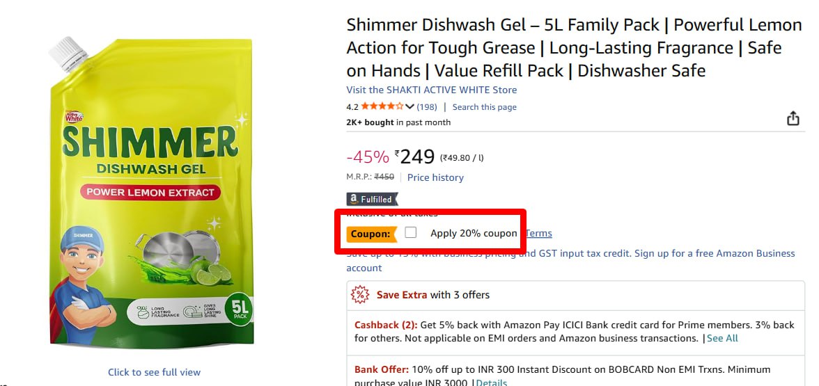 Shimmer Dishwash Gel 5l 199 Apply 20 Coupon