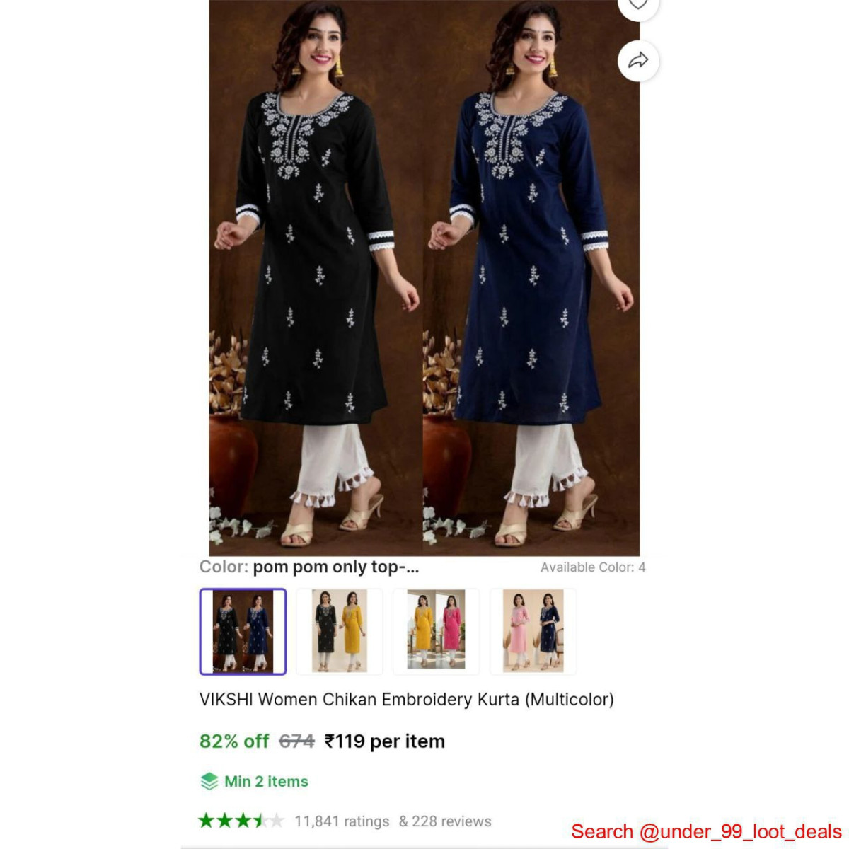 Women Chikan Embroidery Kurta 119 Check Min Buy Quantity