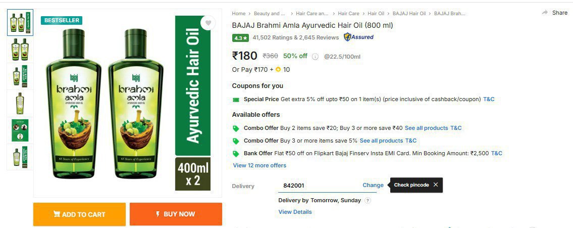 Bajaj Brahmi Amla Ayurvedic Hair Oil (800ml) 170 10 Sc Click Here To Join A