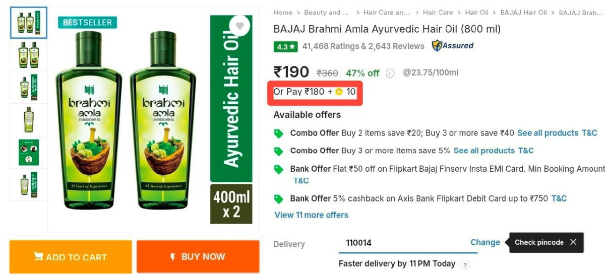 Bajaj Brahmi Amla Ayurvedic Hair Oil (800ml) At 180 10 Sc