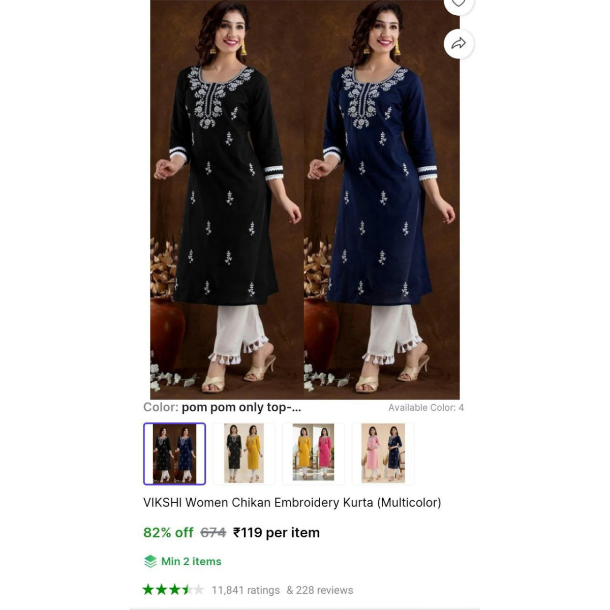 Women Chikan Embroidery Kurta 119check Min Buy Quantity