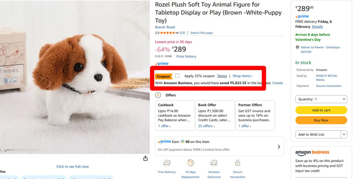 Plush Soft Toy Animal Figure (puppy) 216 Apply 25 Coupon