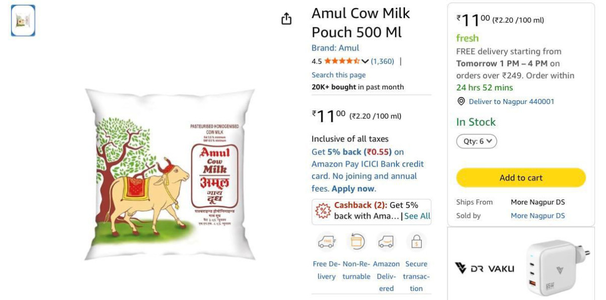 Amul Cow Milk Pouch 500 Ml 11 Nagpur Available