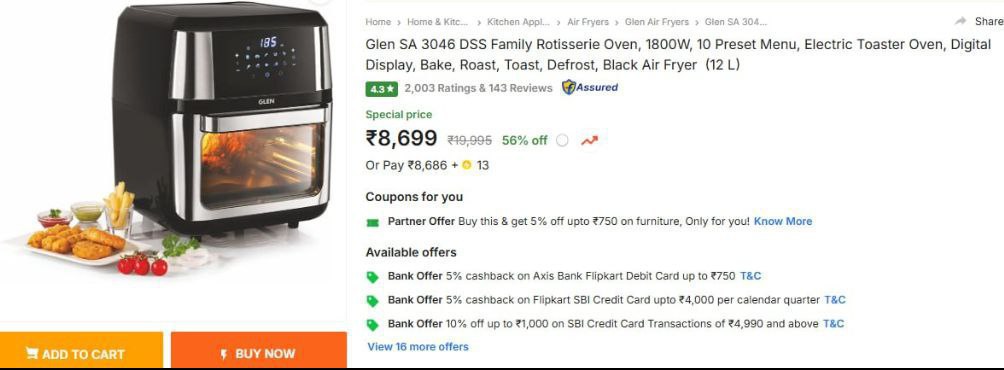 Flipkart Glen 12l (1800w) Rotisserie Air Fryer Oven 8 699 Click Here To Joi