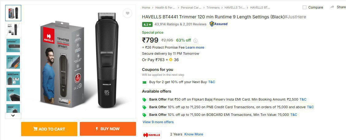 Flipkart Havells Bt4441 Trimmer 120 Min Runtime 9 Length Settings 799