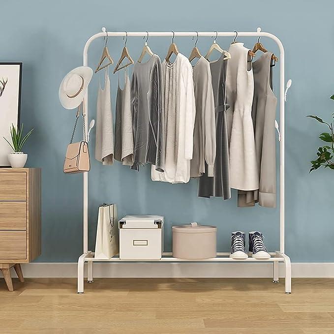 Lukzer Heavy-duty Metal Garment Rack With Bottom Storage Shelf 4 Side Hooks