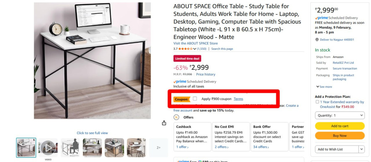 Apply 900 Coupon Study Table 2099