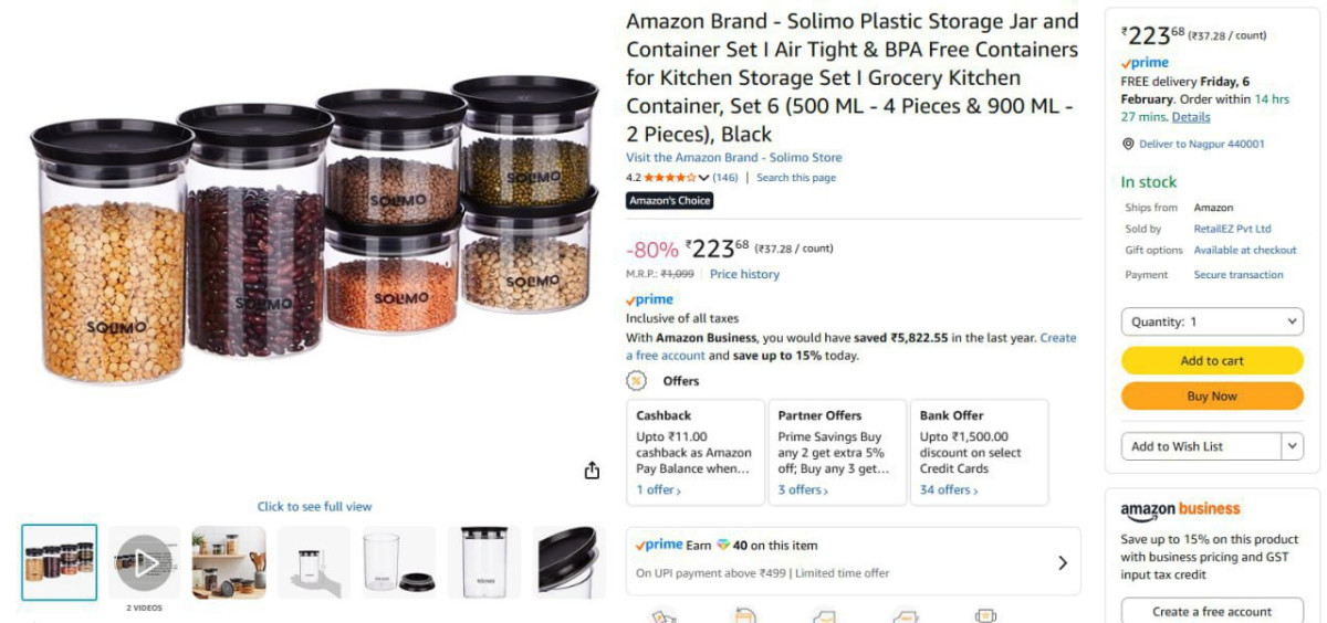 Solimo Plastic Container Set Of 6 223