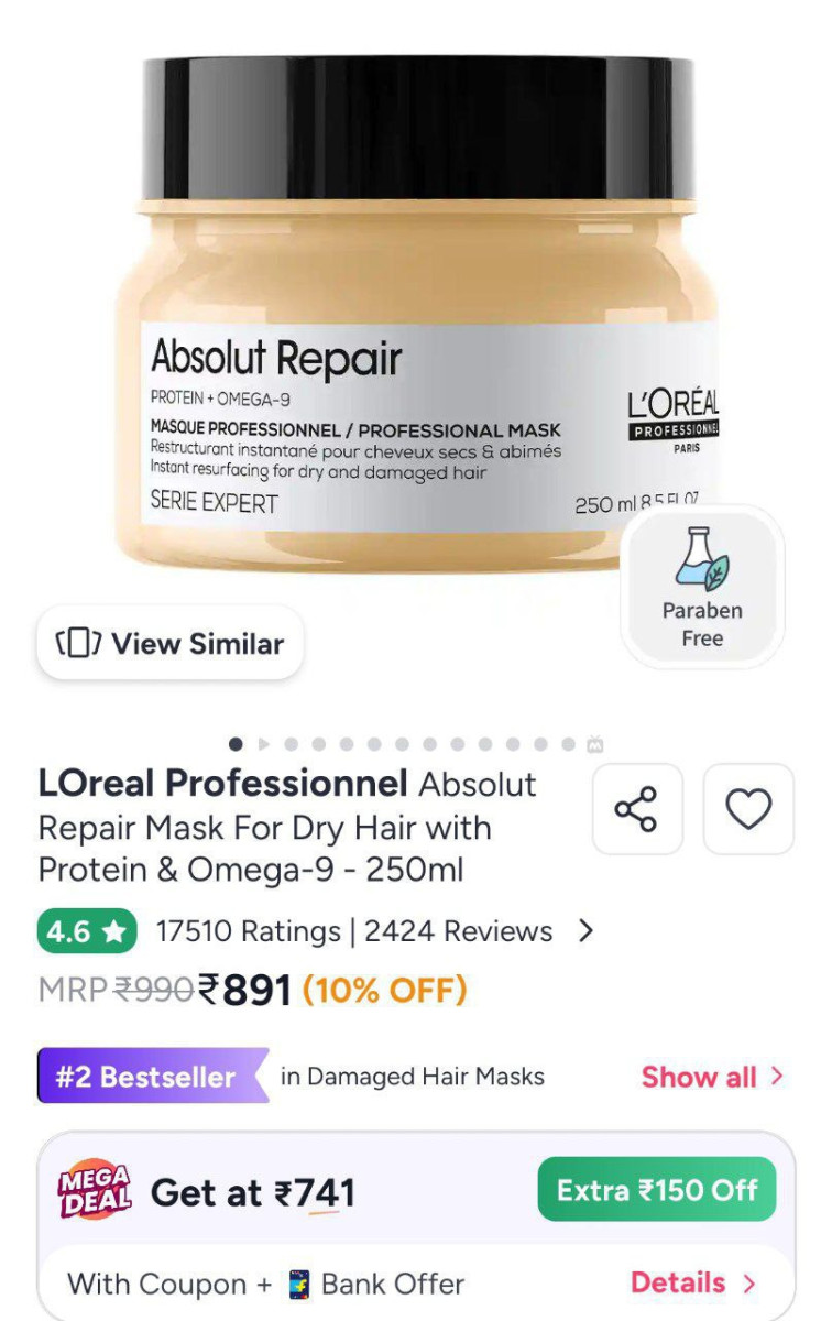 Myntra Loreal Professionnel Absolut Repair Mask - 250ml - 10 10 Coupon Simp