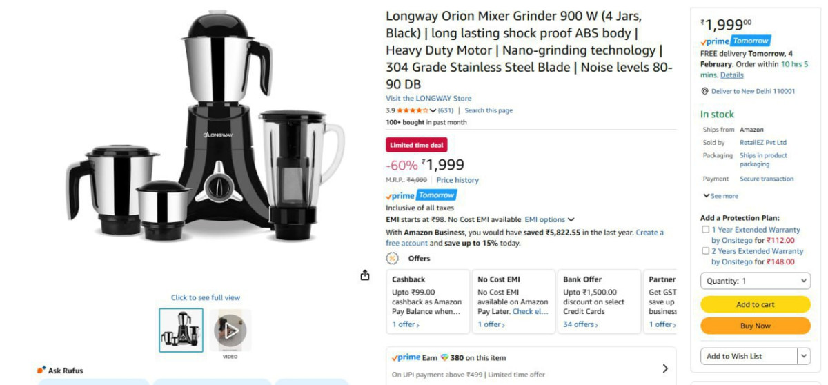 Longway Orion Mixer Grinder 900w (4 Jars) 1999