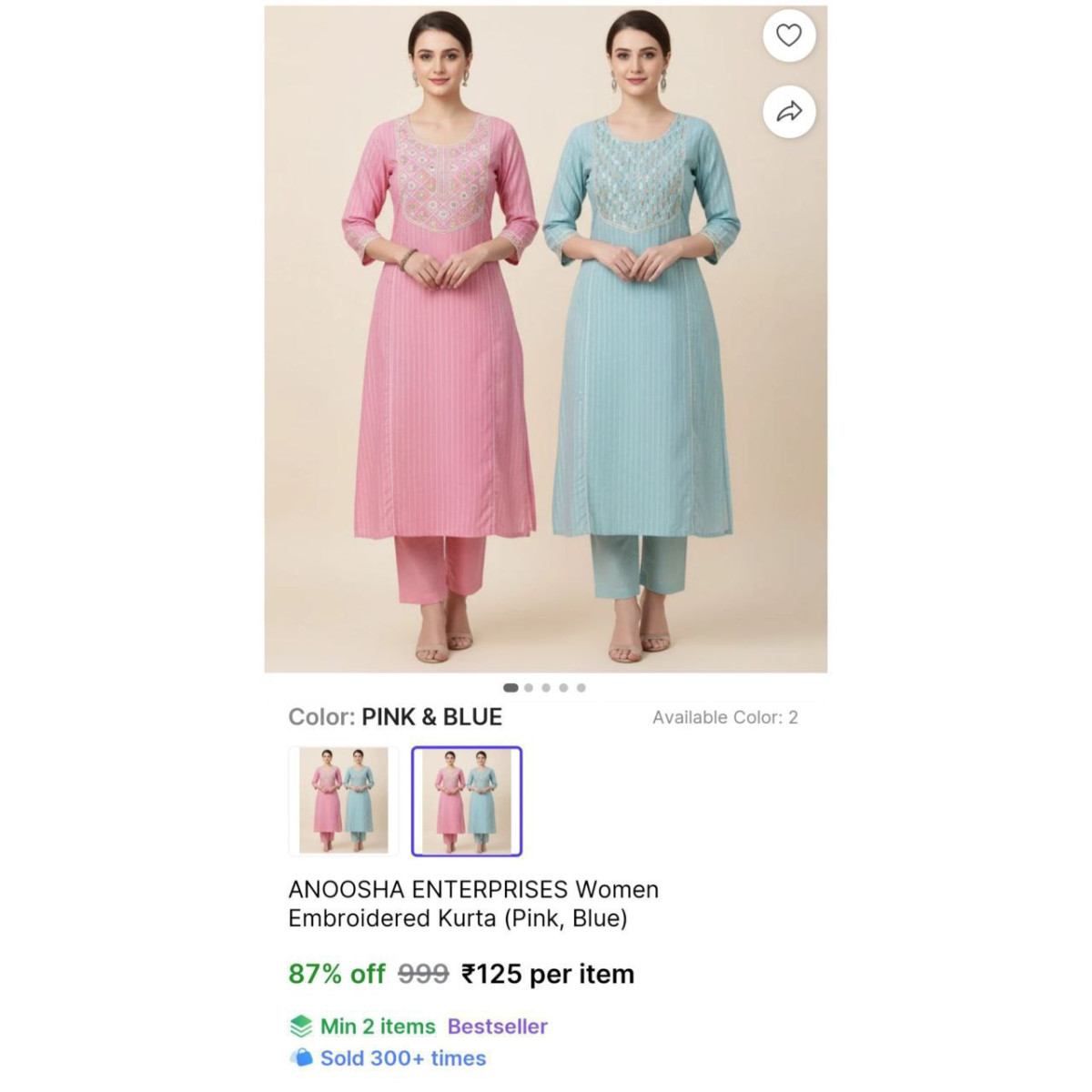 Women Embroidered Kurta 125 Min Buy 2 Qty