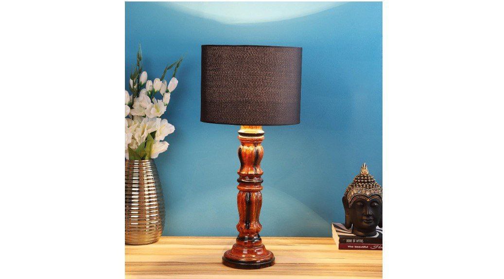 Looottu Casa Black Cotton Shade With Brown Mango Wood Base Table Lamp 400re