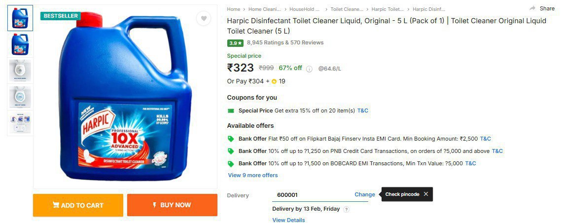 Harpic Disinfectant Toilet Cleaner Liquid Original - 5 L 323