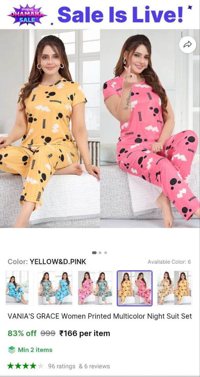 Women Printed Night Suit Set 166 Min 2 Buy