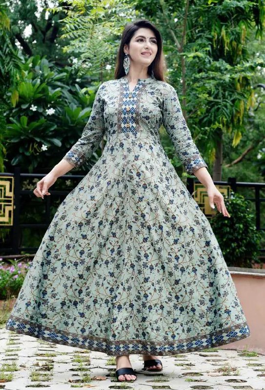 Fastal Lookwomen Printed Cotton Rayon Anarkali Kurta(green Blue) 384