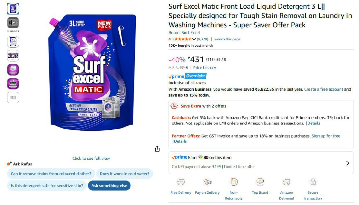 Surf Excel Matic Front Load Liquid Detergent 3 L 431