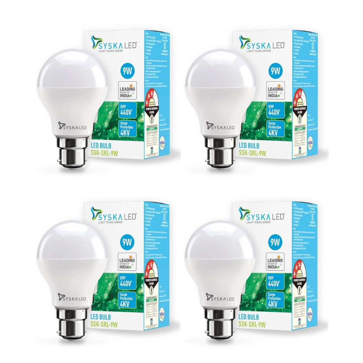 Syska Srl 9w B22 Led Bulb (cool)day Light Bulb Pack Of 4 B22d Base) 220