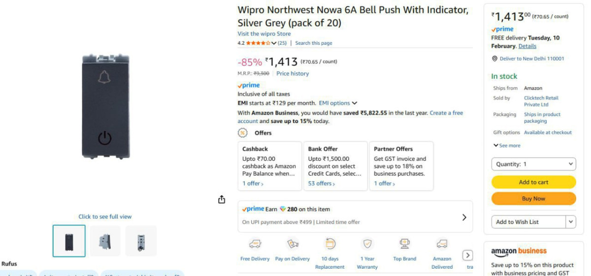 Wipro Northwest Nowa 6a Bell Push (pack Of 20) 1413