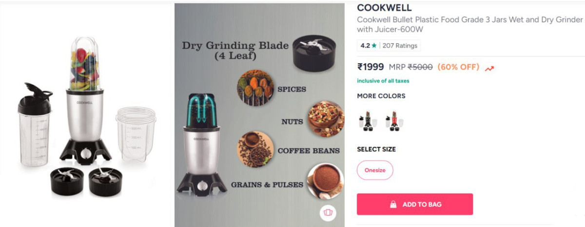 Myntra Cookwell Bullet Food Grade 3 Jars Wet And Dry Grinder With Juicer-60