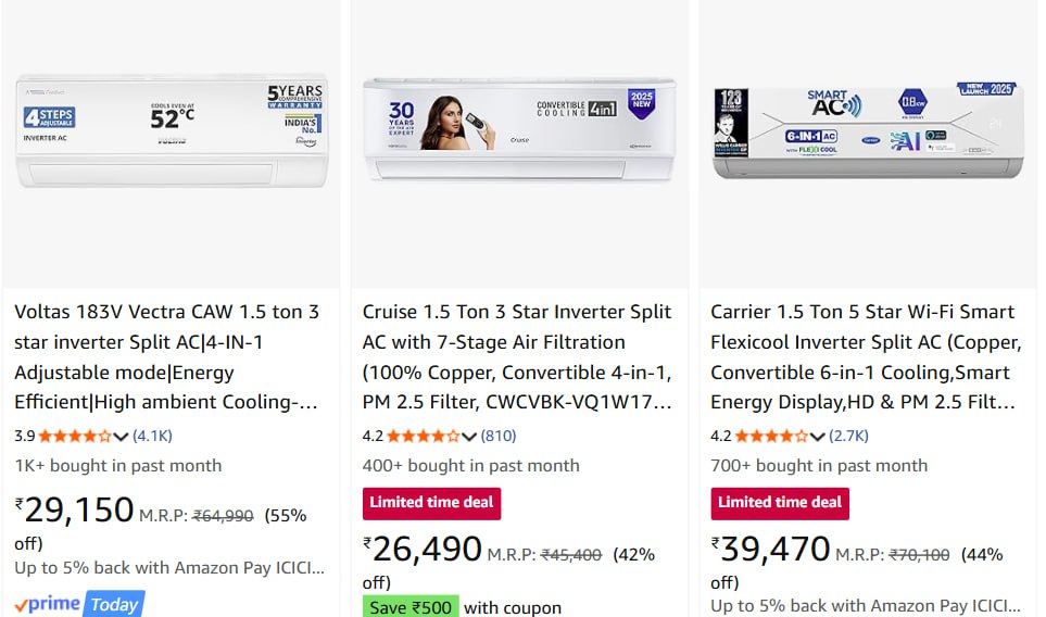 Best Deals On Air Conditioners (acs) 55 Bank Offer1 Ton - 1 4 Ton 1 5 Ton -