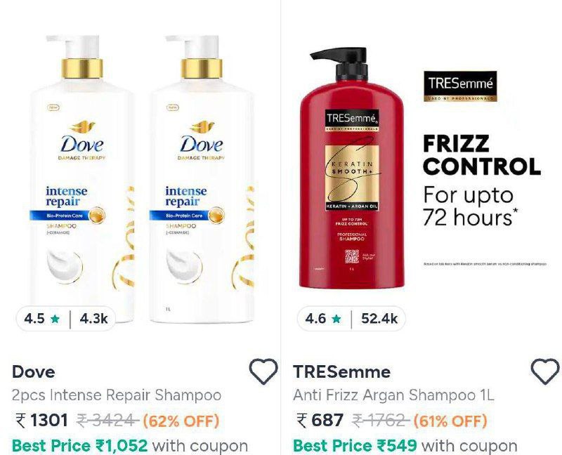 Dove Tresemme 1l Shampoo Combos At 62