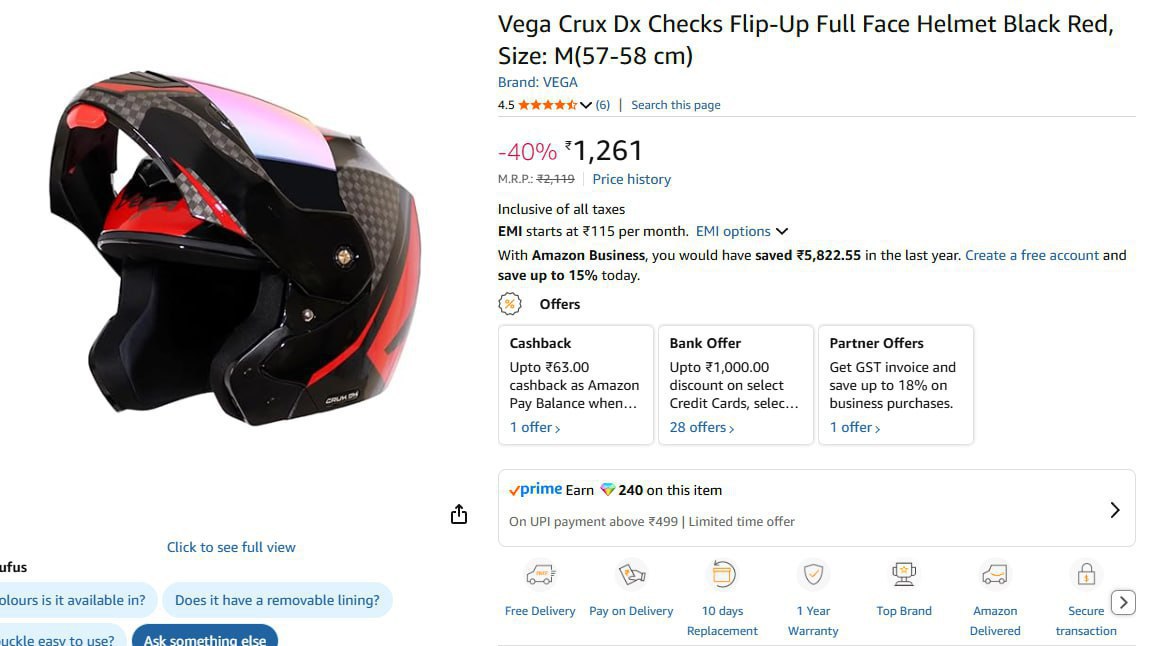 Vega Crux Full Face Helmet 1261