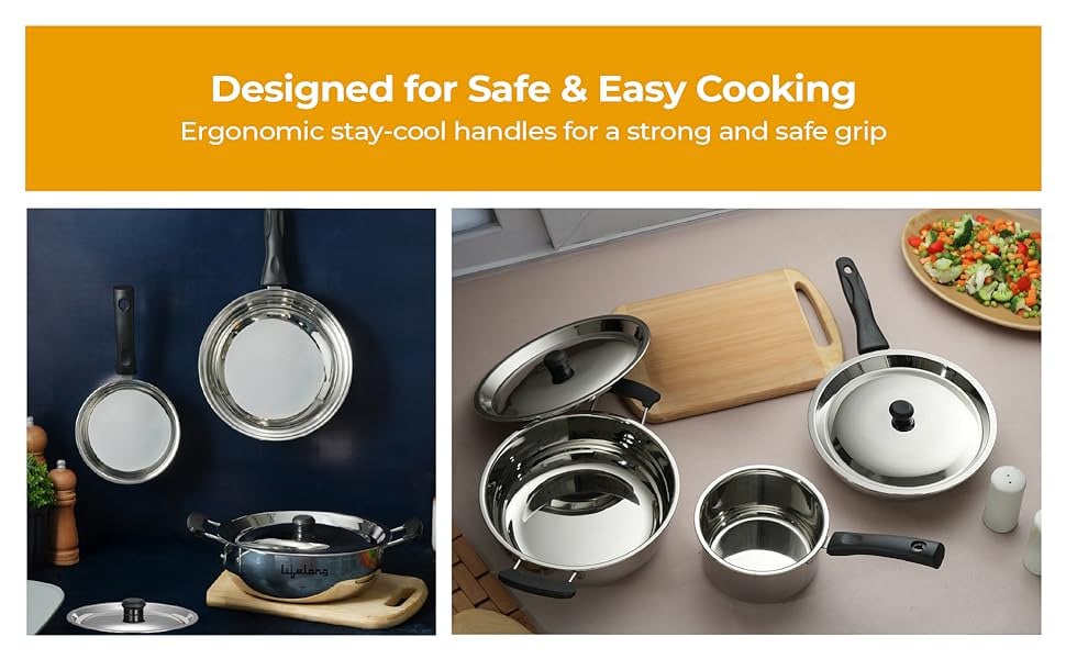 Lifelong Stainless Steel Kadai Frypan Saucepan Combo 1399
